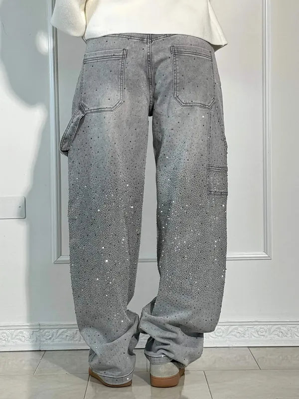 Lisette Women's Rhinestone Utility Baggy Denim Pants in gray, back view with pockets