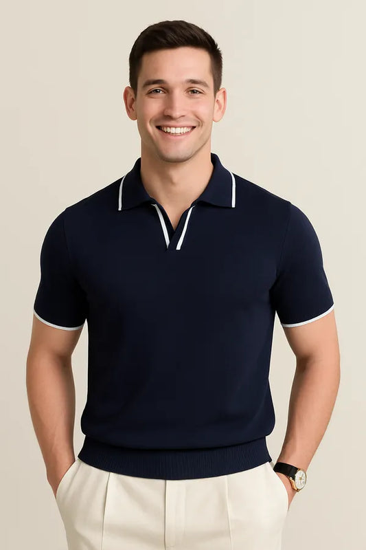 Men's Knit Short Sleeve Polo – Colin - Navy Blue