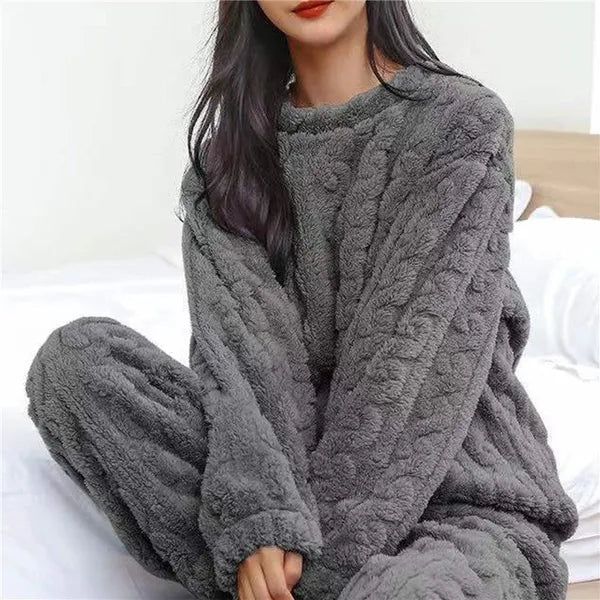 Annabelle Fluffy Pajama Two Piece Set in charcoal black, front view on model