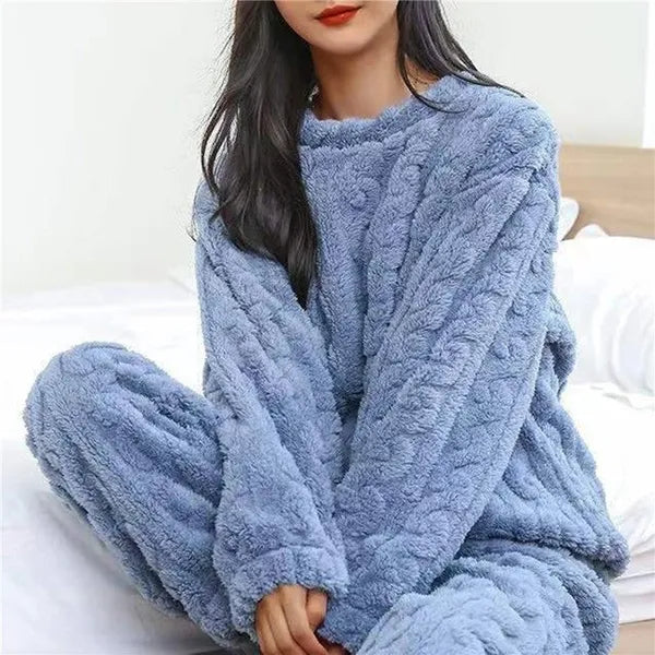 Annabelle Fluffy Pajama Two Piece Set in blue, front view of fleece top and pants