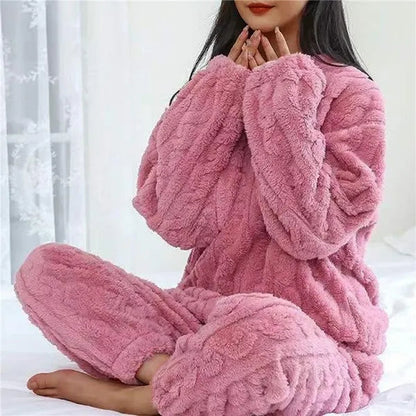 Annabelle Fluffy Pajama Two Piece Set in pink, front view of fluffy top and pants