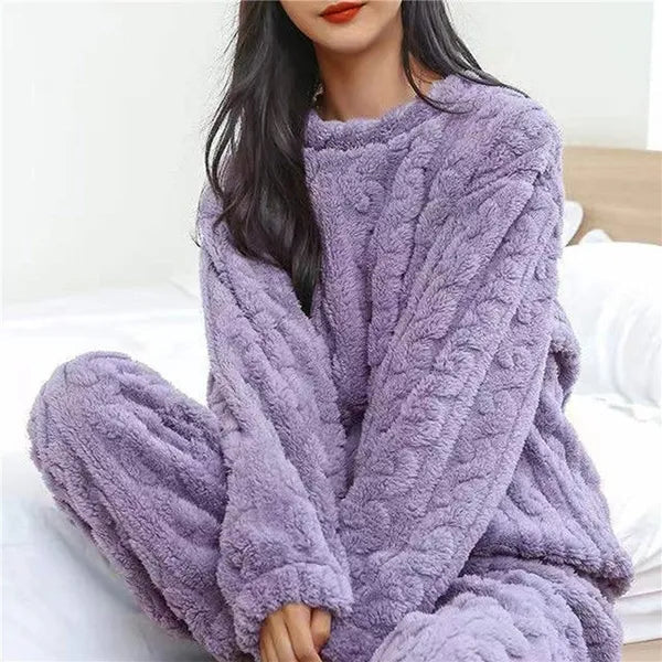 Annabelle Fluffy Pajama Two Piece Set in lilac purple, front view on model