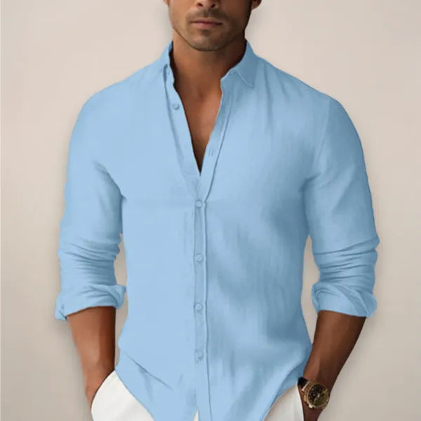 Men's Band Collar Long Sleeve Shirt – Gustaf - Blue
