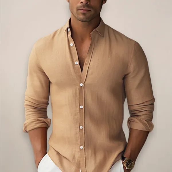 Men's Band Collar Long Sleeve Shirt – Gustaf - Khaki