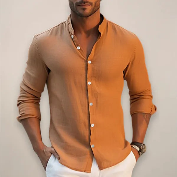 Men's Band Collar Long Sleeve Shirt – Gustaf - Orange