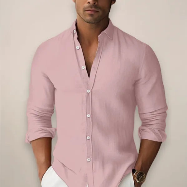 Men's Band Collar Long Sleeve Shirt – Gustaf - Pink