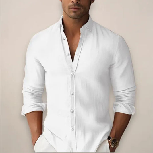 Men's Band Collar Long Sleeve Shirt – Gustaf - White