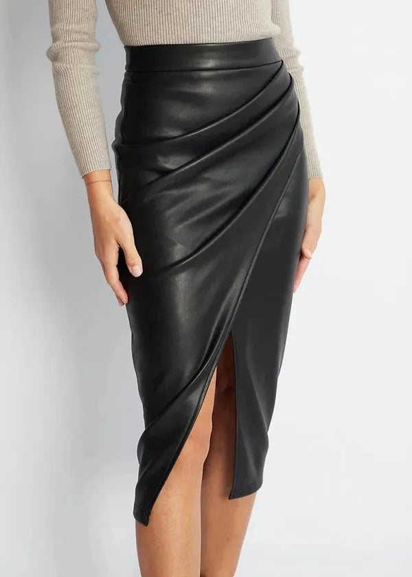 Maeve Premium Leather Midi Skirt with Front Slit - view 23