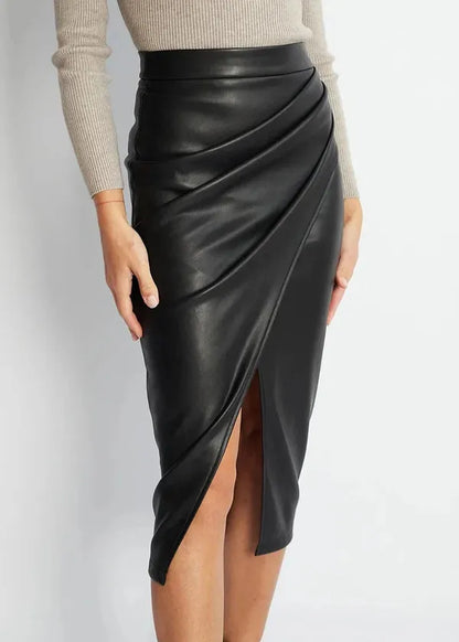 Maeve Premium Leather Midi Skirt with Front Slit - view 23
