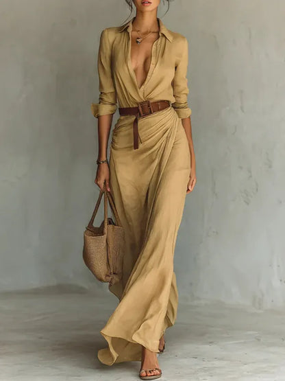 Savina Lapel Long Sleeve Belted Maxi Dress - view 5