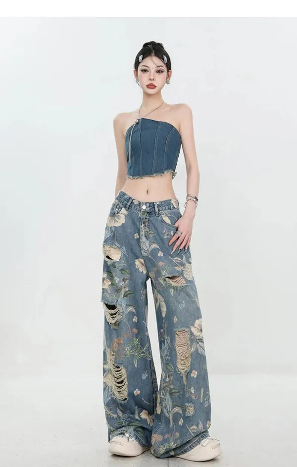 Fiona Wide-Leg Floral Print Jeans - view 12