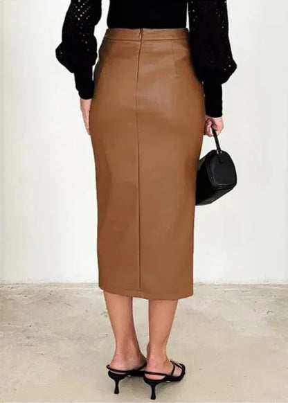 Maeve Premium Leather Midi Skirt with Front Slit - view 15