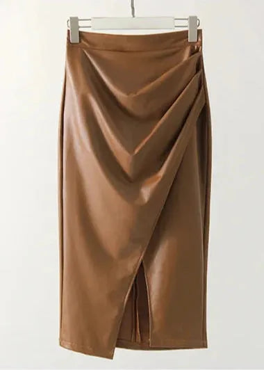 Maeve Premium Leather Midi Skirt with Front Slit - view 16