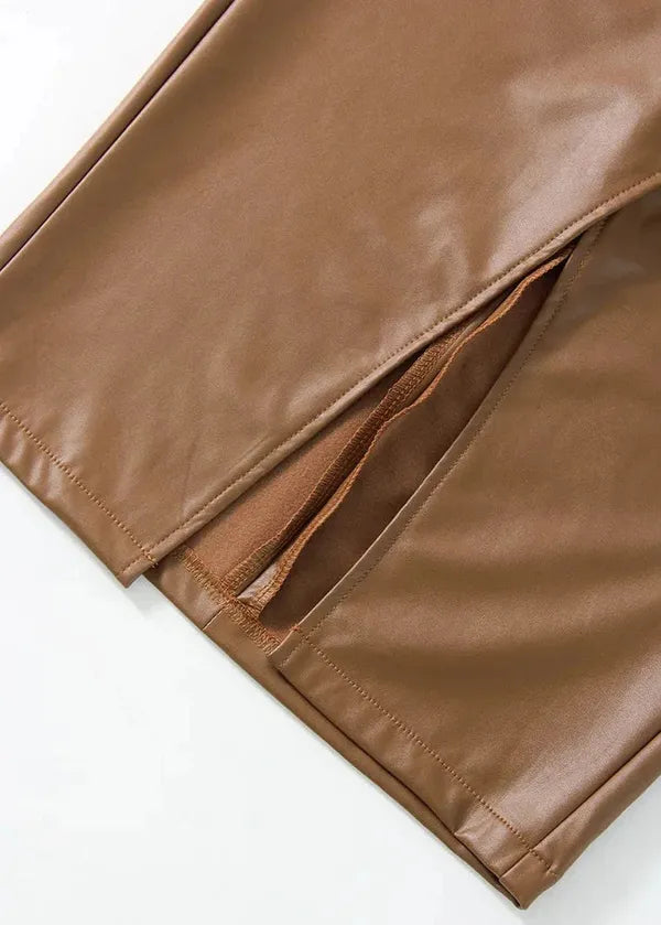 Maeve Premium Leather Midi Skirt with Front Slit - view 19