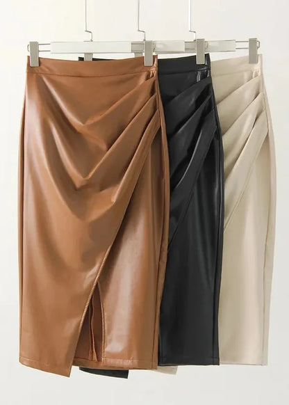 Maeve Premium Leather Midi Skirt with Front Slit - view 20