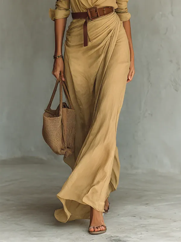 Savina Lapel Long Sleeve Belted Maxi Dress - view 2