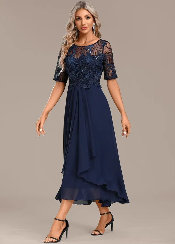Adeline navy lace short-sleeve formal dress – view 2