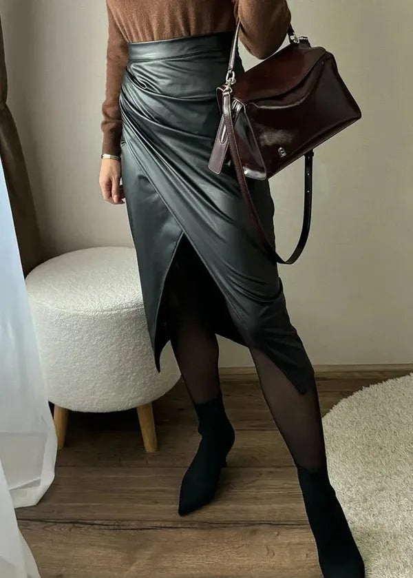 Maeve Premium Leather Midi Skirt with Front Slit - view 3
