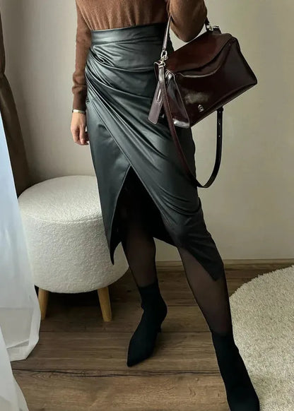 Maeve Premium Leather Midi Skirt with Front Slit - view 3