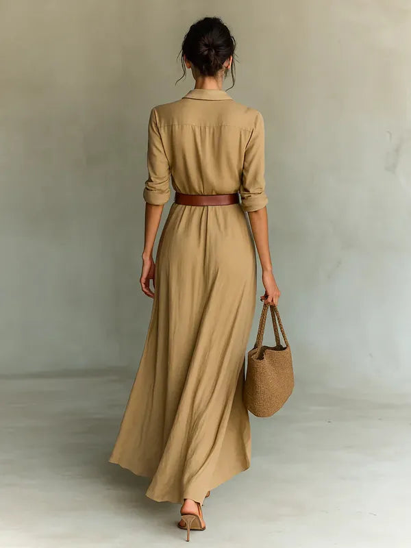 Savina Lapel Long Sleeve Belted Maxi Dress - view 3