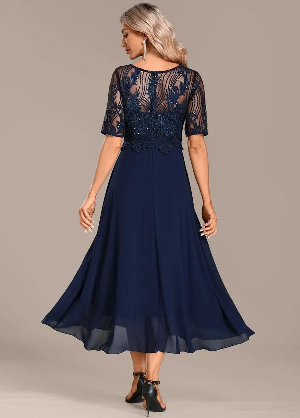 Adeline navy lace short-sleeve formal dress – view 3