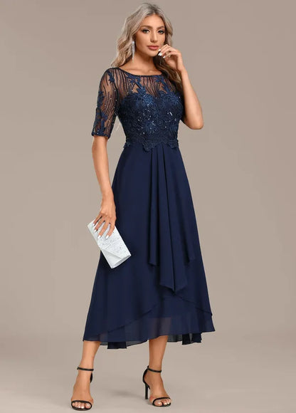 Adeline navy lace short-sleeve formal dress – view 4