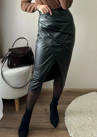 Maeve Premium Leather Midi Skirt with Front Slit - view 4
