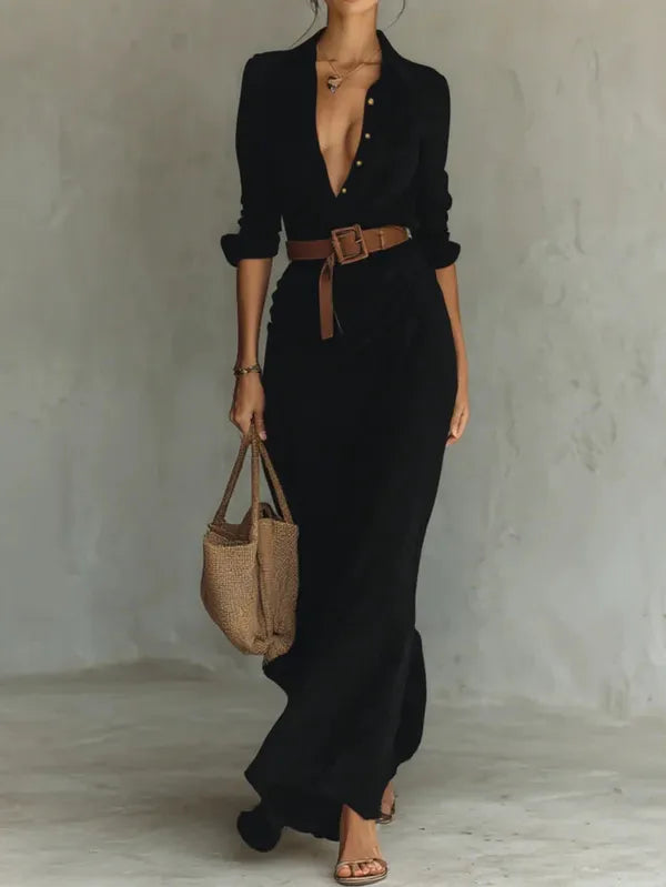 Savina Lapel Long Sleeve Belted Maxi Dress - view 4