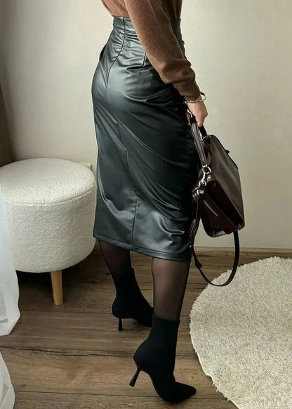 Maeve Premium Leather Midi Skirt with Front Slit - view 5