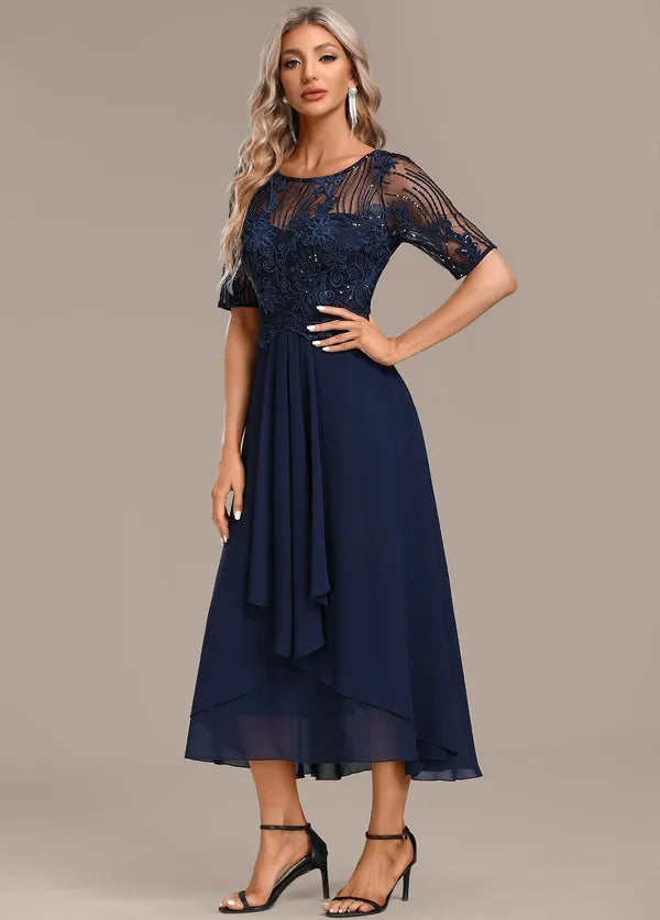 Adeline navy lace short-sleeve formal dress – view 5