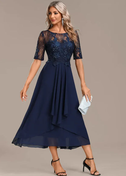 Adeline navy lace short-sleeve formal dress – view 6