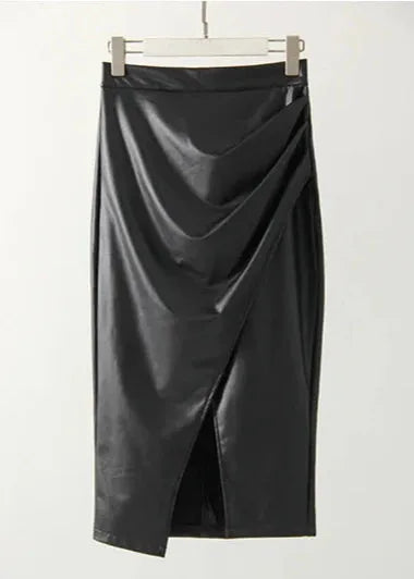 Maeve Premium Leather Midi Skirt with Front Slit - view 6