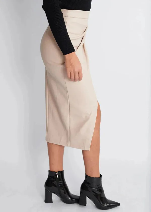 Maeve Premium Leather Midi Skirt with Front Slit - view 8