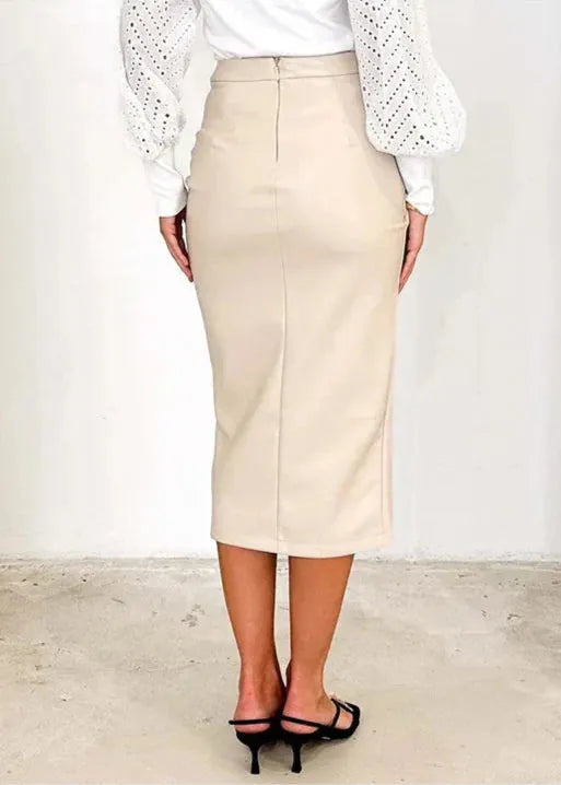 Maeve Premium Leather Midi Skirt with Front Slit - view 10