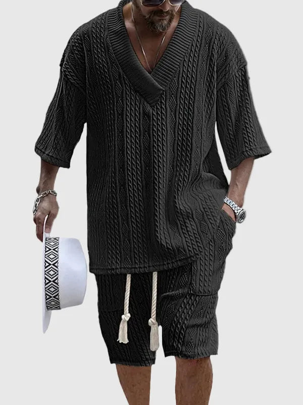 Men's Knit V-Neck Short Sleeve Set – Jovan - Black