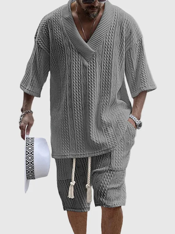 Men's Knit V-Neck Short Sleeve Set – Jovan - Gray