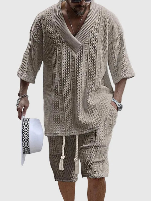 Men's Knit V-Neck Short Sleeve Set – Jovan - Khaki