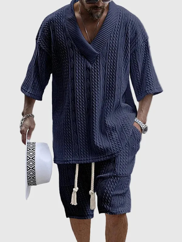 Men's Knit V-Neck Short Sleeve Set – Jovan - Navy Blue