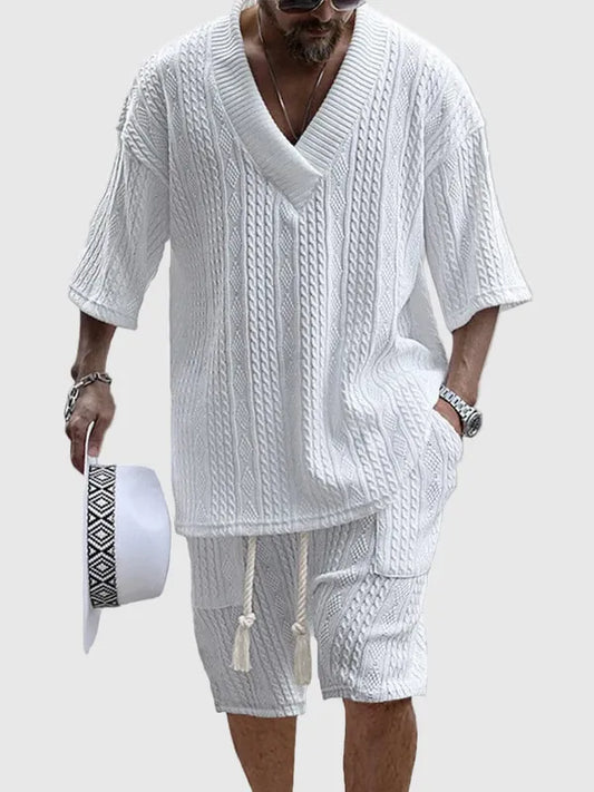 Men's Knit V-Neck Short Sleeve Set – Jovan - White