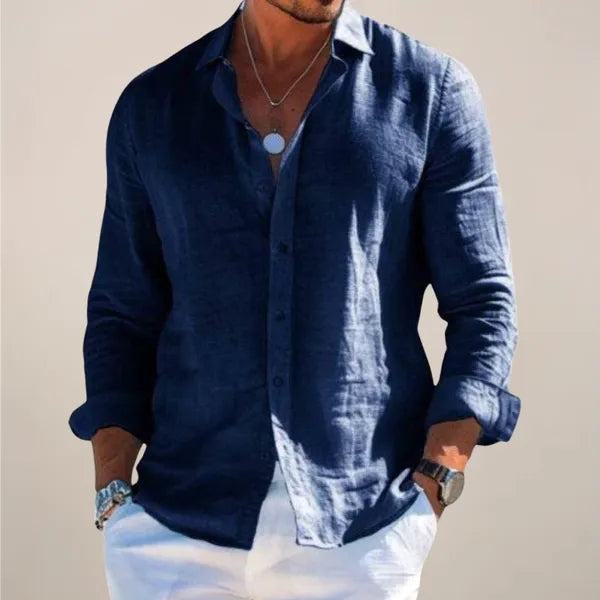 Men's Linen Long Sleeve Shirt – Karlo - Navy Blue
