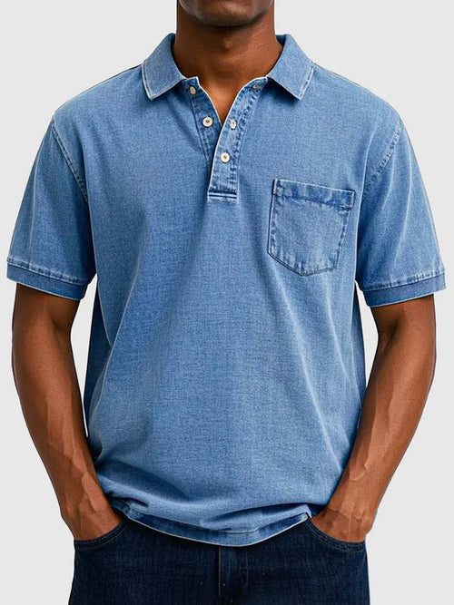 Men's Cotton-Denim Short Sleeve Polo – Kenneth - Blue