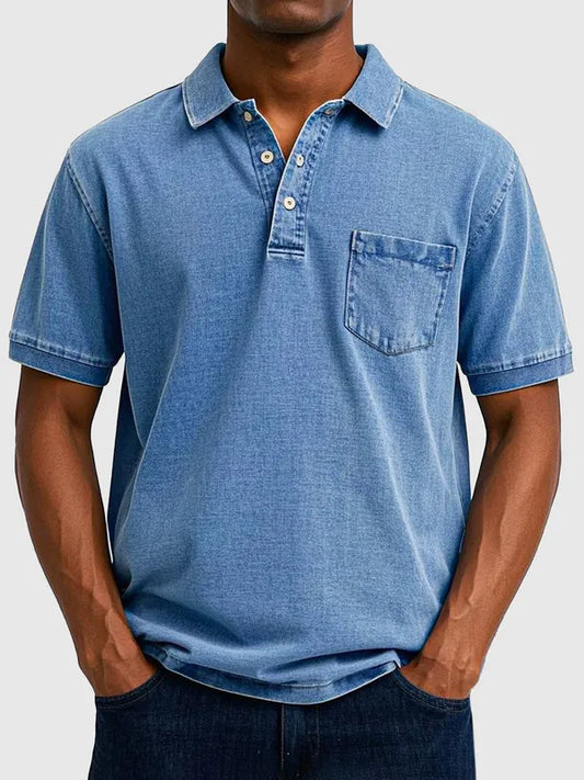 Men's Cotton-Denim Short Sleeve Polo – Kenneth - Blue
