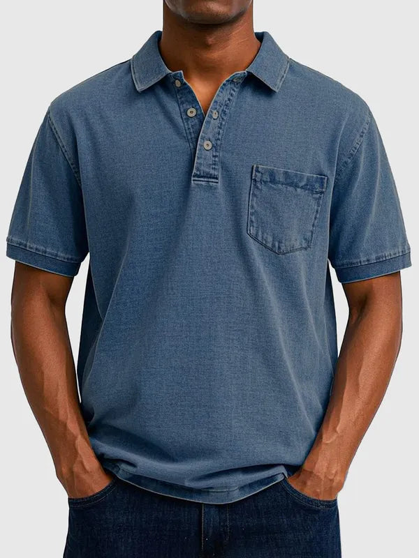 Men's Cotton-Denim Short Sleeve Polo – Kenneth - Navy Blue