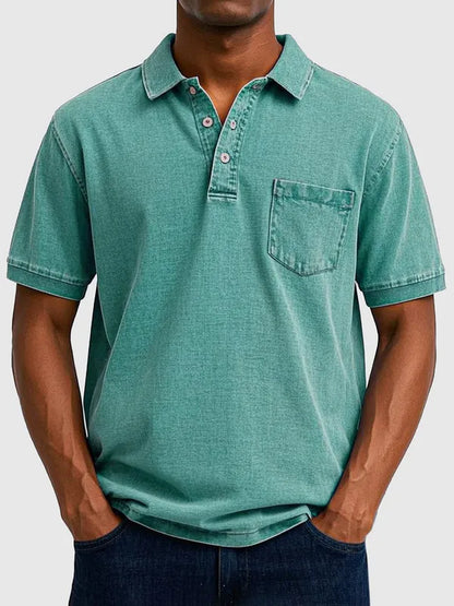 Men's Cotton-Denim Short Sleeve Polo – Kenneth - Verde-Azulado