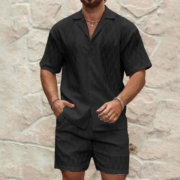 Men's Textured Short Sleeve Shirt Set – Kobe - Black