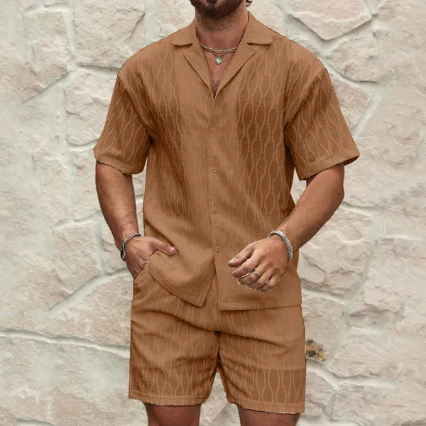 Men's Textured Short Sleeve Shirt Set – Kobe - Dark Brown