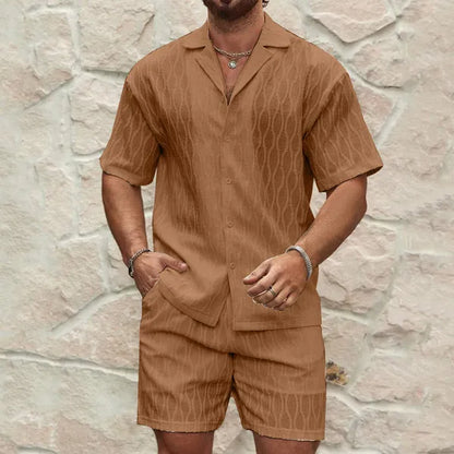 Men's Textured Short Sleeve Shirt Set – Kobe - Dark Brown
