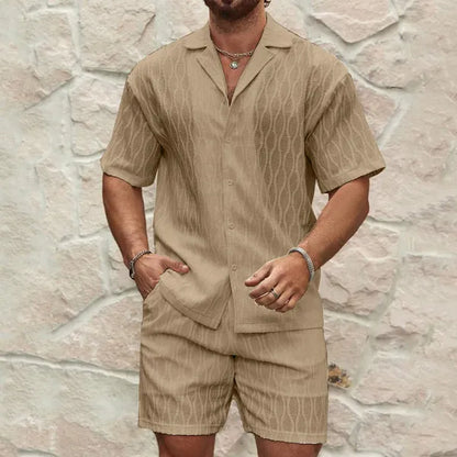 Men's Textured Short Sleeve Shirt Set – Kobe - Khaki