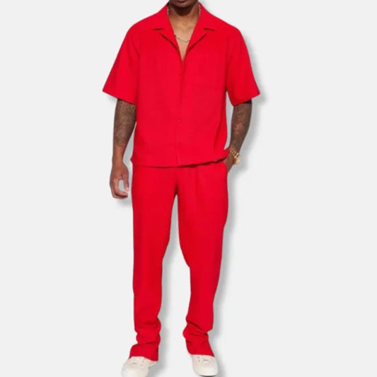 Men's Casual Short Sleeve Shirt Set – Luc - Red