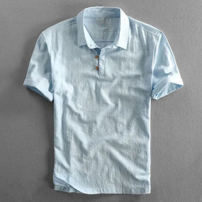 Men's Linen Short Sleeve Polo Shirt – Malcolm - Light Blue